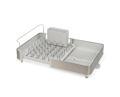 Joseph Joseph Light Stone 1-Tier Expandable Stainless Steel Dish Drying Rack with Removable Cutlery Holder