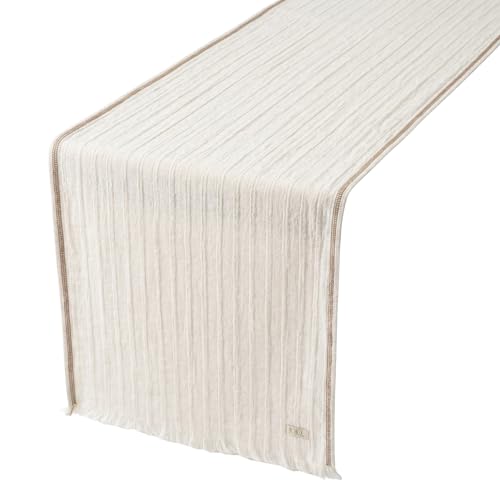Jojomia Warm Cream Turkish Cotton Table Runner 27x70 Inch, Oeko-TEX Certified, Hemstitched, Machine Washable Dining Decor