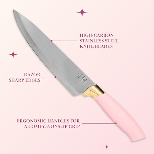 Pink 12-Piece Kitchen Knife Set with Block - High-Carbon Stainless Steel Cutlery