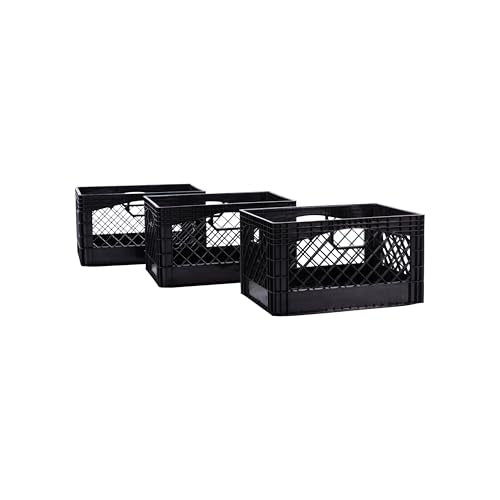 Black Plastic 24-Quart Rectangular Milk Crates 3-Pack with Handles - Heavy Duty Storage Bins