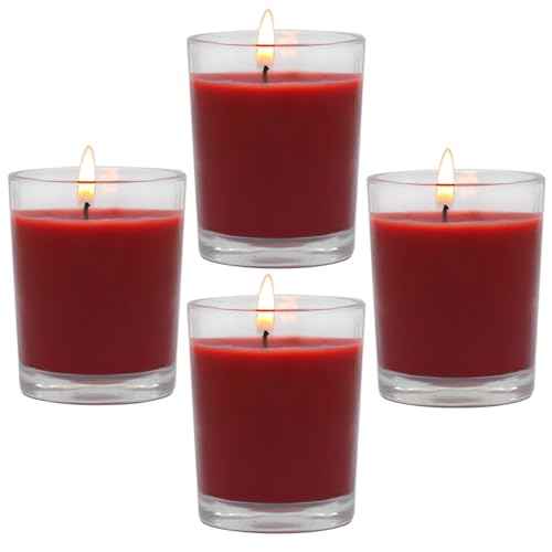 4 Packs Unscented Red Burgundy Colored Votive Candles in Glass, 2 Inch Natural Soy Wax Scentless Candles for Christmas Wedding Party Home Holiday Relaxation Spa, 12-15 Hour Burning Time