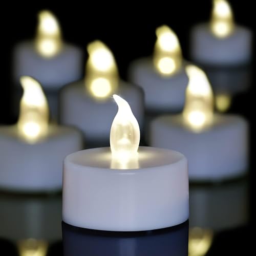 LED Tea Lights - 12 Pack Flameless Battery Operated Candles, 200+ Hours Flickering Warm White, Realistic Fake Tealights for Weddings, Home Decor, Parties, and Sweetest Day