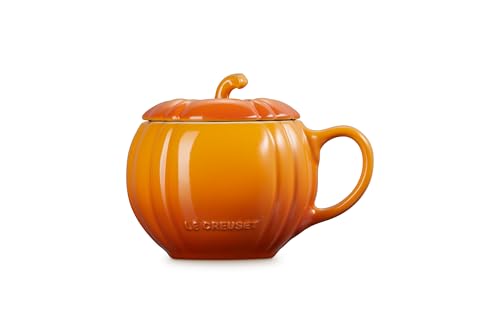 Le Creuset Pumpkin Mug with Lid 14oz Persimmon - Stoneware Coffee Tea Cup