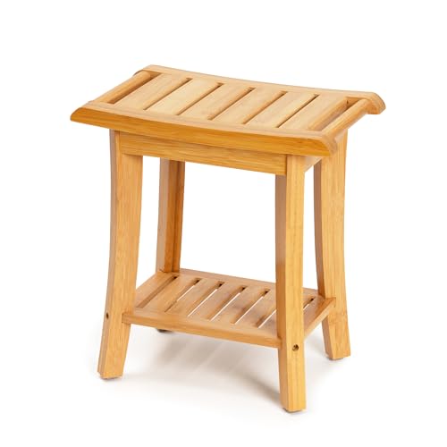 Small Natural Bamboo Shower Bench with Storage Shelf - 16x10x17 Inch