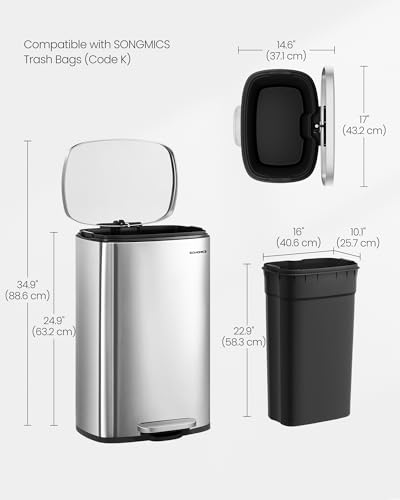 SONGMICS 13 Gallon (50 L) Trash Can, Stainless Steel, Step-On Pedal