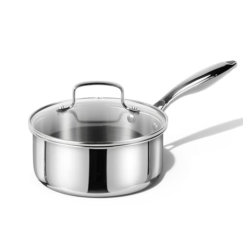 CAROTE 1.5Qt Stainless Steel Saucepans with Lid - Induction & Oven Safe Kitchen Cookware, Silver