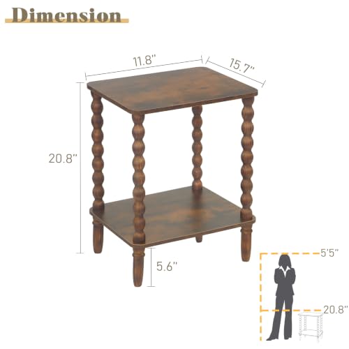 Rustic Brown Side Table Set of 2 with 2-Tier Shelves - Small End Tables