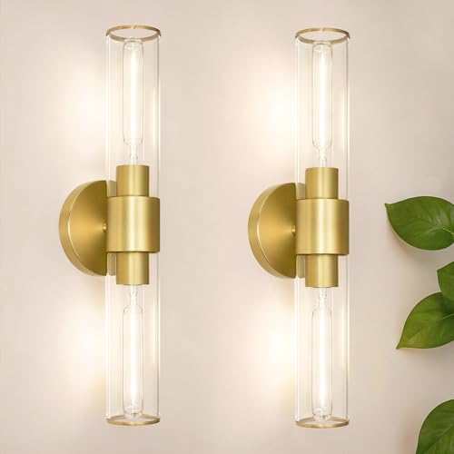 Brushed Gold Wall Sconces Set of 2 - 18.5in Modern Cylinder Glass Vanity Lights for Bathroom Mirror