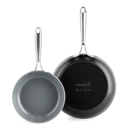 Ceramic Nonstick Frying Pan Set - 8" and 10" Skillets with Silver Handles, PFAS-Free, Oven & Dishwasher Safe