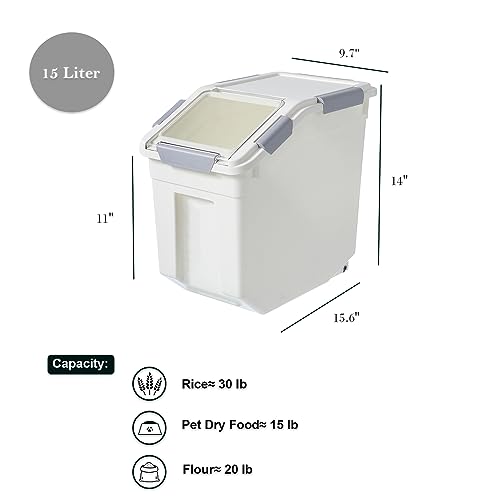 15L/30lb Rice Storage Container Set with Measuring Cup - BPA Free, White, 2 Pack