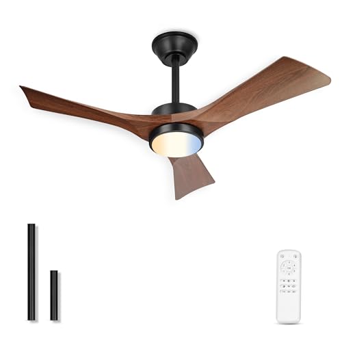 JAZAVA 42-Inch Wood Grain Ceiling Fan with Light & Remote, Damp Rated, 3-Blade, 6-Speed DC Motor (Variation: Wood Grain 1 / 42 Inch)