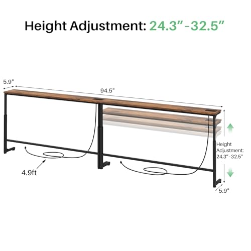 94.5-Inch Rustic Brown Behind Couch Console Table with Power Strips - Adjustable, Modular