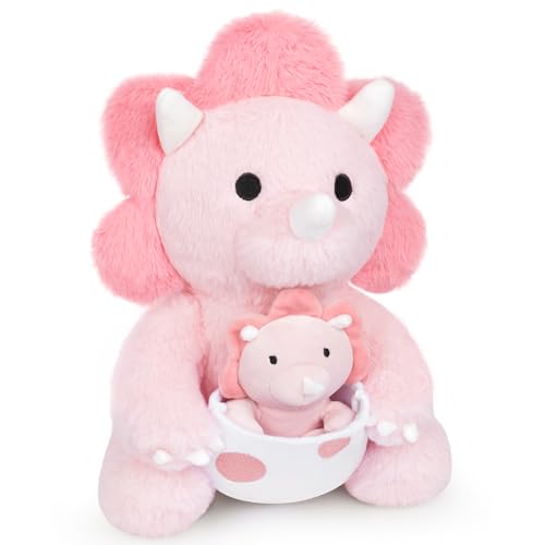 Pink Dinosaur Stuffed Animal, 11.8inch Pink Dinosaur Plush with Baby Dino for Kids, Dino Toy Kawaii Triceratops Cuddle Plush Pillow for Girls Boys, Christmas Birthday Gifts