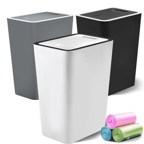 Lysam 4 Gallon Trash Can Pack of 3 with Lid & Bags - Black, White, Grey