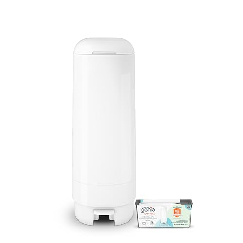 Diaper Genie Signature Pail with Long-Lasting Refill and White Variation — Odor Locking, Hands-Free, Holds 846 Diapers