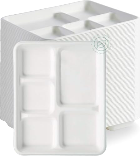 10 Inch Compostable Paper Food Tray with 5 Compartments - Bulk 500-Pack