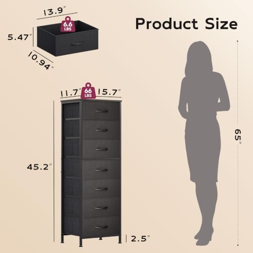 WLIVE Tall Black Dresser with 7 Fabric Drawers, Space-Saving Bedroom Storage