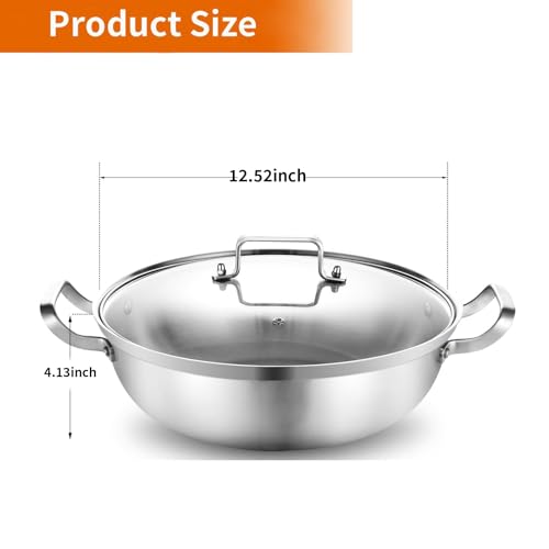 14-Inch Stainless Steel Deep Fry Pan with Lid - 7QT, Tri-Ply Construction