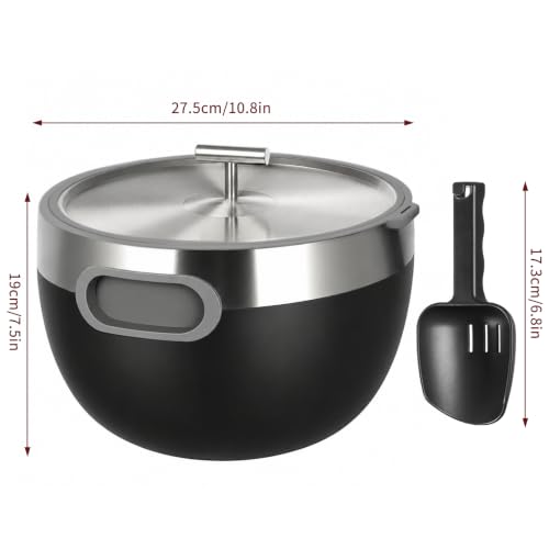 Large Insulated Ice Bucket with Lid & Scoop - 7.4 Quart, Black, Double Wall
