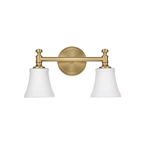Aged Brass 2-Light Bathroom Vanity Wall Sconce with Opal Glass Shade - Traditional Hanaloa Fixture