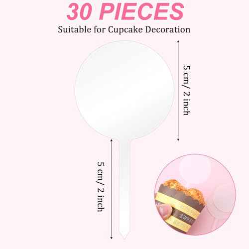 30 Pack Blank Acrylic Cupcake Toppers 2 Inch Round Clear Custom Cupcake Toppers Personalized Dessert Cake Topper Sticks for Birthday Wedding Christmas Baby Shower Party Cake Decoration