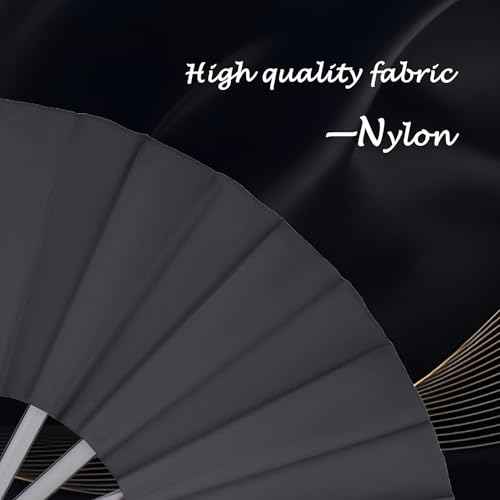 2 Pack Large Folding Hand Fan, Black Chinese Kung Fu Tai Chi Fan Nylon-Cloth Fan For Men And Women Performance, Dance, Decorations, Festival, Gift (Folding fan black 2p)