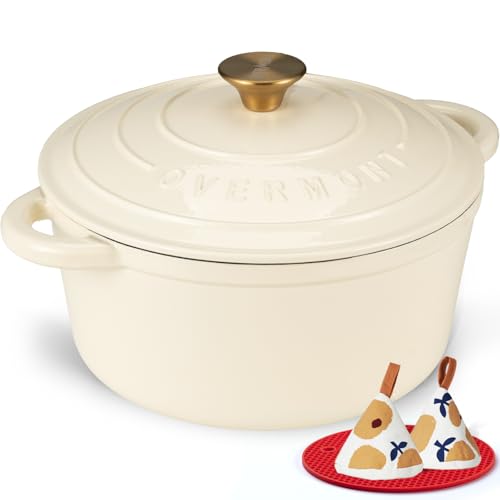 Overmont 7QT Enamel Cast Iron Dutch Oven Cream White - Heavy-Duty Cookware