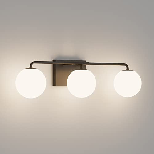 Black 24.4 Inch Mid Century Modern Bathroom Vanity Light Fixture - 3 Globe Glass Sconces