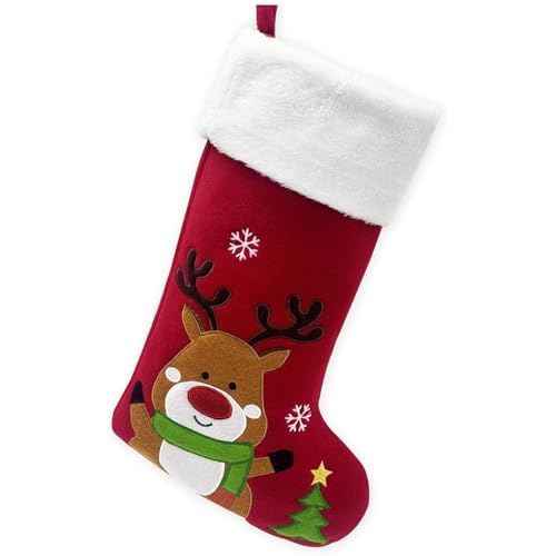 Reindeer Christmas Stocking Animal One Piece, 20 inch Plush Velvet 3D Deer Christmas Stockings with Embroidered Snowflake, Cute Xmas Stockings for Kids Girls Boys (Brown Deer)