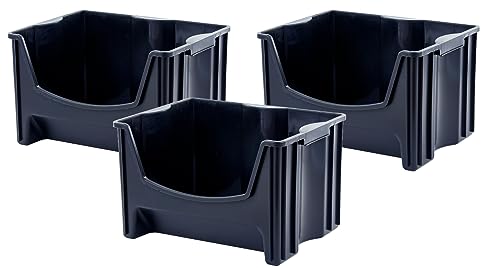 Jumbo Stackable Storage Bins - Pack of 3 with Large Handles & Wide Front Opening