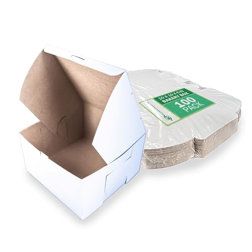 SCT White Non-Window Bakery Boxes 10x10x6 Inches - 100 Count, Paper, Lock-Corner Design