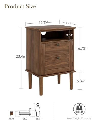 Walnut Nightstand with Drawer & Open Shelf - Modern Boho Bedside Table