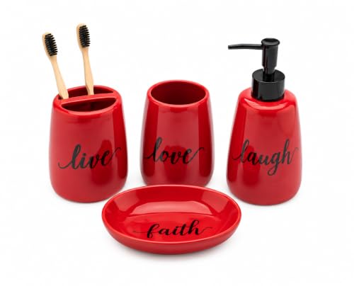 Red Ceramic Bathroom Accessories Set - 4 Piece Farmhouse Decor, Soap Dispenser, Toothbrush Holder, Tumbler & Soap Dish