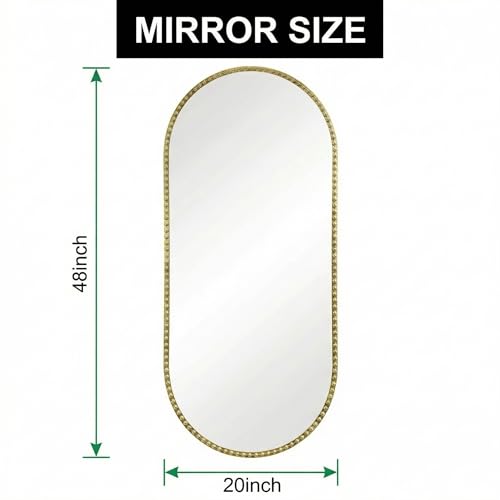 Beaded Oval Mirror 20x48 Inch Gold Bathroom Wall Mirror with Floral Frame