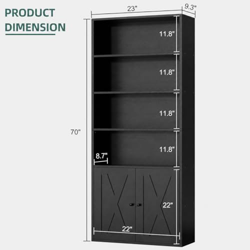 Black Modern Bookshelf with Doors - 6-Tier 71-Inch Tall Bookcase Storage Cabinet for Home Office