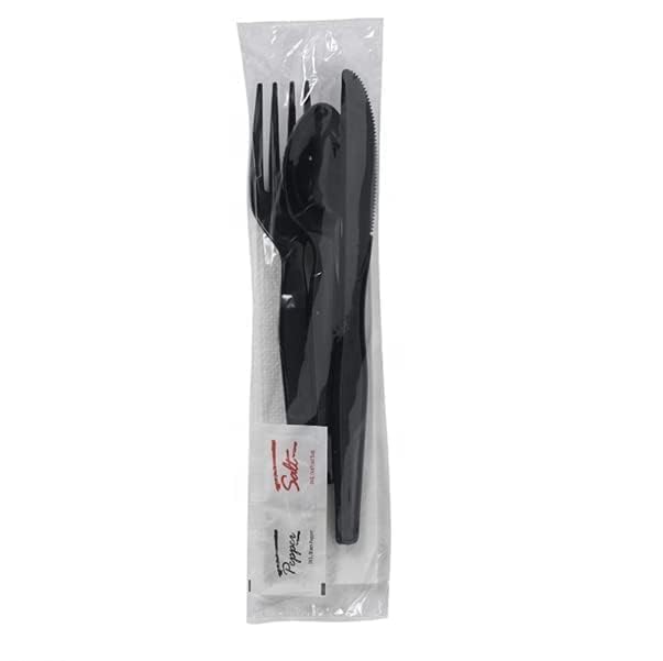 450 Pack Disposable Black Plastic Cutlery Set with Napkins & Salt & Pepper Packets - Individually Wrapped Utensil Kits for Catering and Takeout