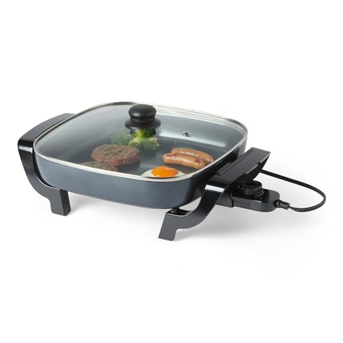 Electric Skillet with Glass Lid, Nonstick Ceramic Coating, Adjustable Temperature, 15.6x12.1 inch, Black