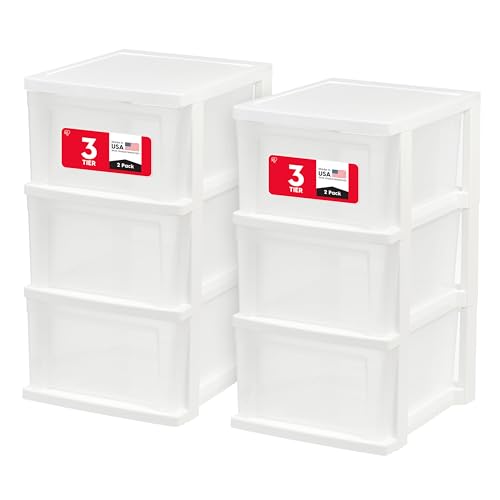 IRIS USA 3-Drawer Slim Storage Organizer 2-Pack - White/Clear, Narrow Design