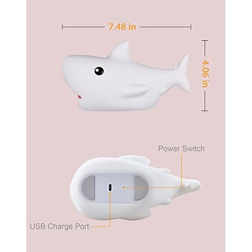 Shark USB Rechargeable Silicone LED Night Light for Kids, Multicolor Cute Nursery Light with Warm White and 7-Color Breathing Mode for Kids Baby Children Bedrooms