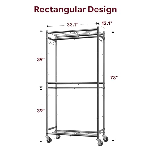 12.1"D x 33.1"W x 78" Black Clothes Rack with Shelves & Hooks - Portable Closet