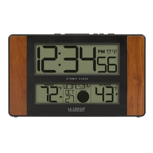 La Crosse Technology Atomic Digital Clock 6.61 x 11.1 inches Cherry Finish with Wireless Temperature Sensor - Brown/Black Variation