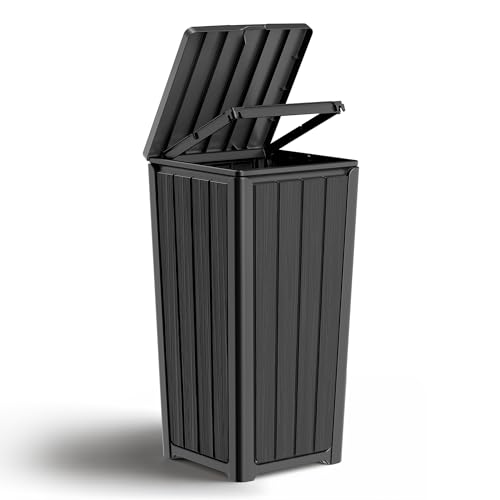 Outdoor Trash Can with Lid - 30 Gallon Waterproof Resin Waste Bin for Patio Garden Garage - Black