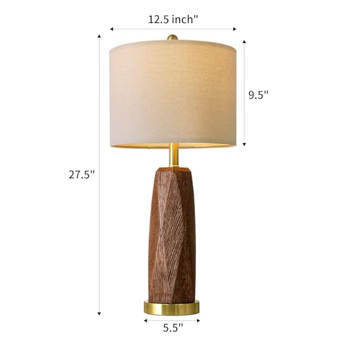 27.5 Inch Wooden Grain Table Lamps Set of 2 with USB Charging Ports - Rustic Resin Bedside Lamps with Linen Shade & Rotary Switch - Tall Nightstand Lighting for Bedroom & Living Room