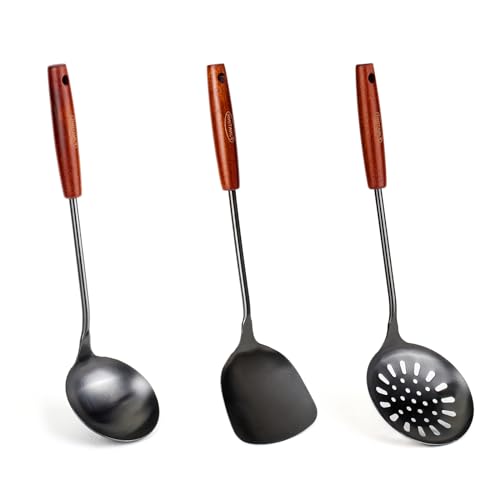 FJNATINH 3-Piece Black Stainless Steel Wok Spatula and Ladle Set, 17-inch Kitchen Utensils