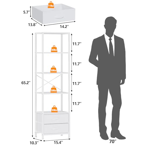 Furnulem White 5-Tier Corner Shelf with Drawers - Tall Narrow Bookshelf