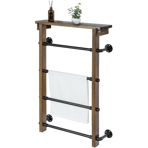 Wall-Mounted Towel Rack Ladder with Storage Shelf - Rustic Burnt Wood, Dark Brown