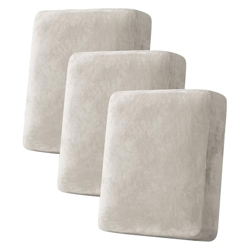 Velvet Couch Cushion Cover 3-Piece Set - Oatmeal Stretch Sofa Slipcover