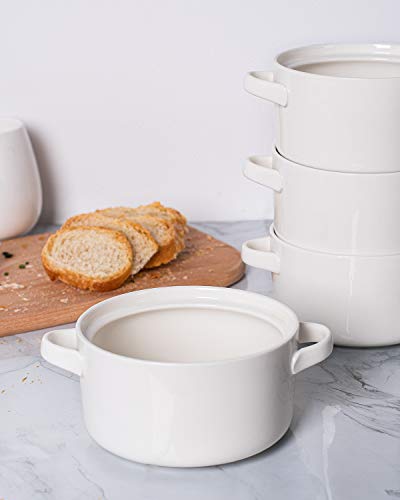 DELLING White Ceramic Soup Bowls with Handles Set of 6, 24 Oz Oven Safe Crocks