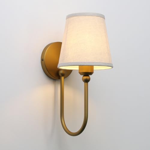 Pathson Antique Brass Linen Fabric Wall Sconces Set of 2 - Curved Arm Bathroom Vanity Lights