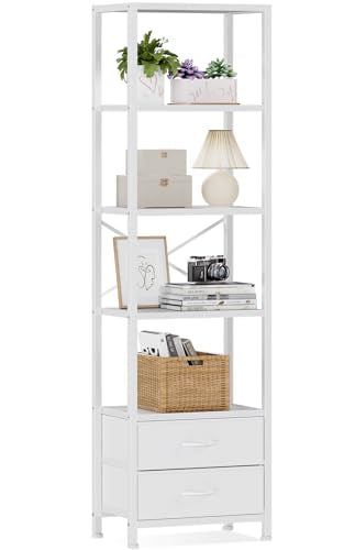 Furnulem White 5-Tier Corner Shelf with Drawers - Tall Narrow Bookshelf
